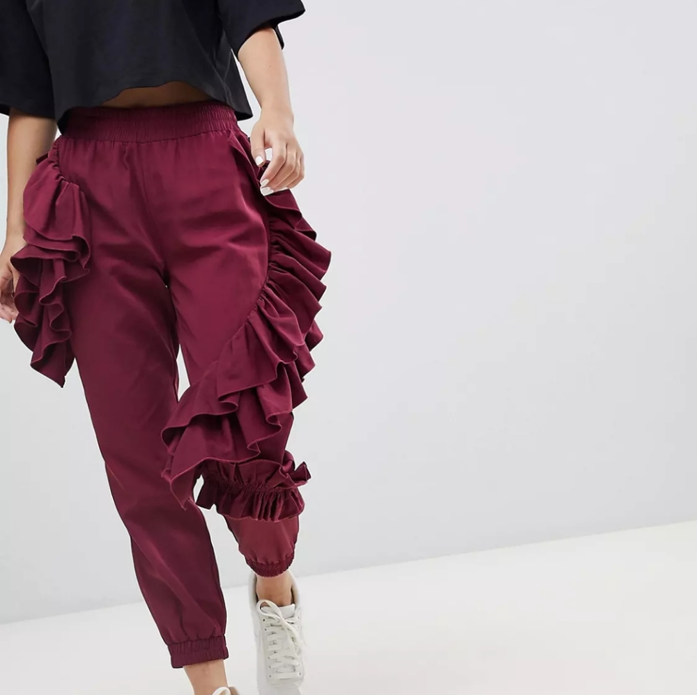 ASOS Design Ruffle Sweatpants in Burgundy Women's Us Size 4 NWT